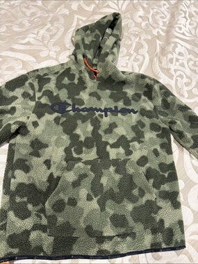 Champion Olive Camo Sherpa Crewneck Hoodie with Navy Logo